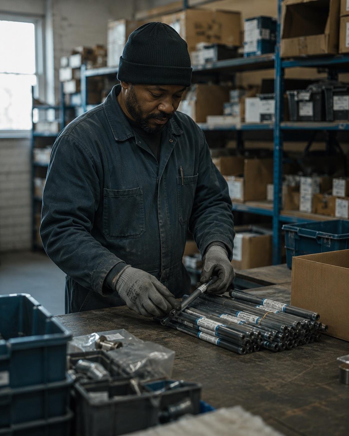 An operations worker doing hands-on inventory work in a warehouse