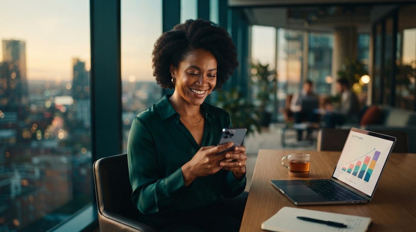 A smiling sales professional reading a message on her phone at a desk overlooking the city at sunset, with a sales chart open on her laptop
