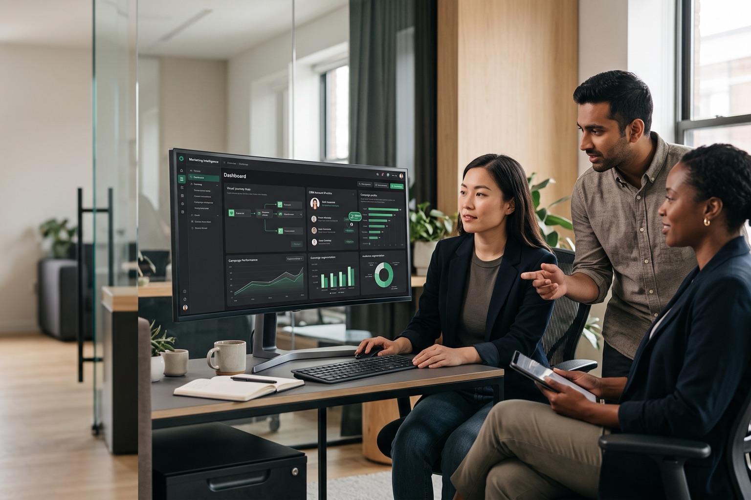 Three marketing colleagues in a bright office reviewing a campaign dashboard with customer journey, CRM and audience charts on a large monitor