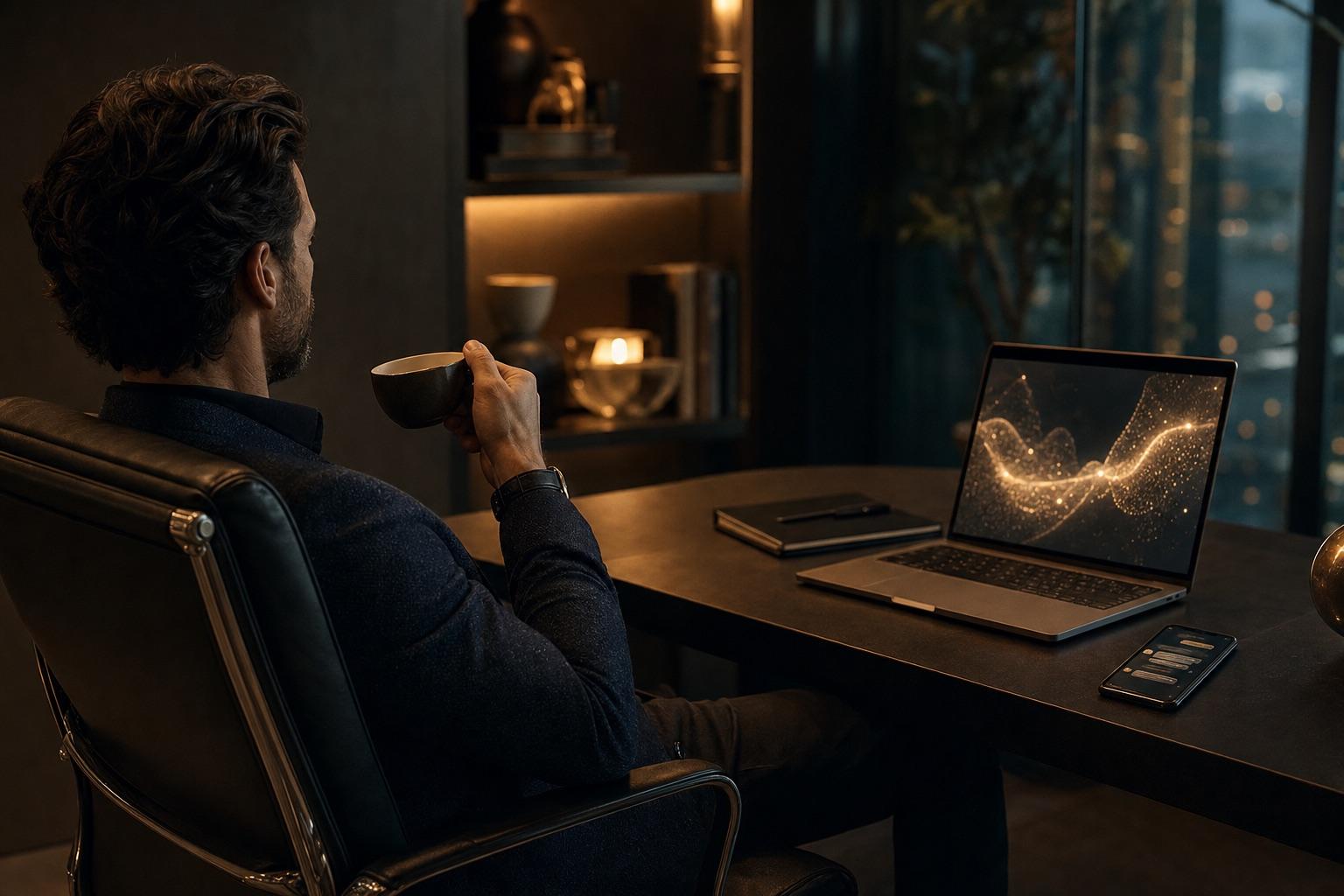 A professional relaxing with a cup of tea in a dim evening office while work carries on by itself on the laptop and phone on his desk