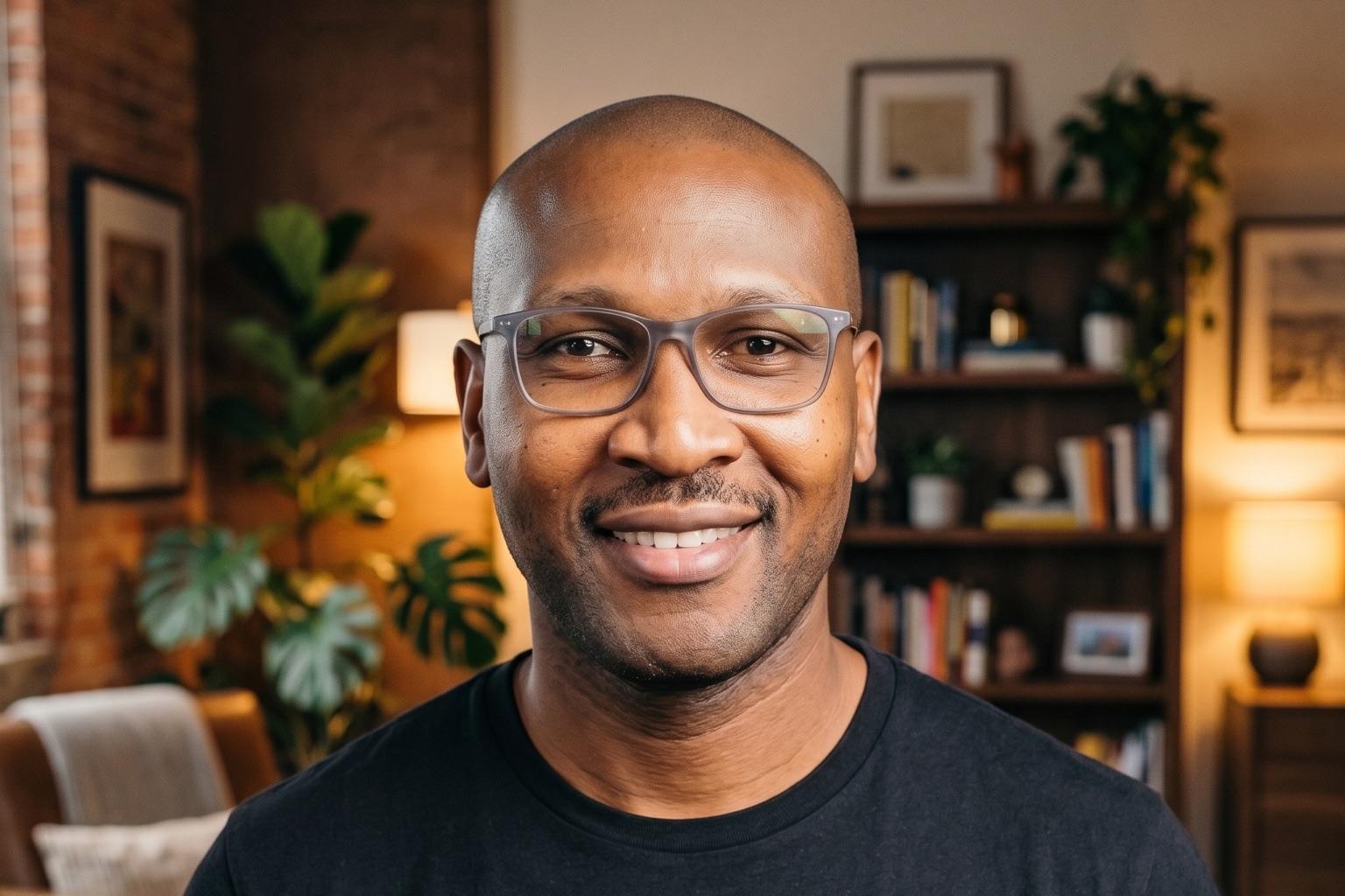 Efemena Odjada, founder of Ortomize, smiling in a warmly lit room with bookshelves and plants in the background