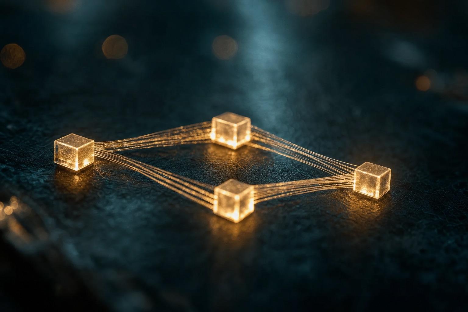 Glowing blocks on a dark surface joined by fine gold threads, like steps in an automated workflow