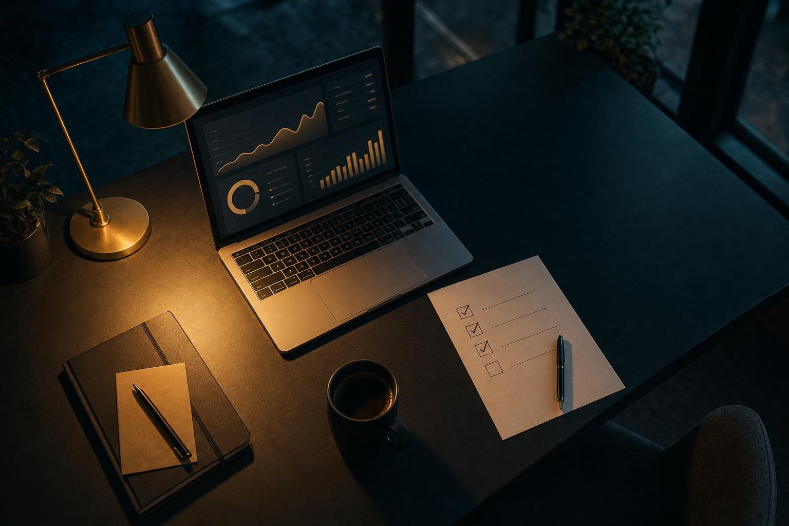 A desk at dusk lit by a brass lamp, with a laptop showing charts, a cup of coffee and a checklist with three tasks ticked off
